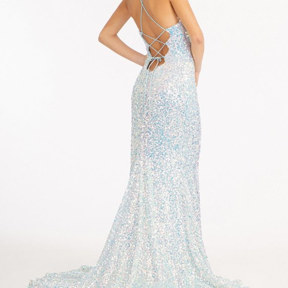 BLUE PROM PARTY Sequin Embellished Mermaid Dress Open Lace-up Back DRESS GL3051